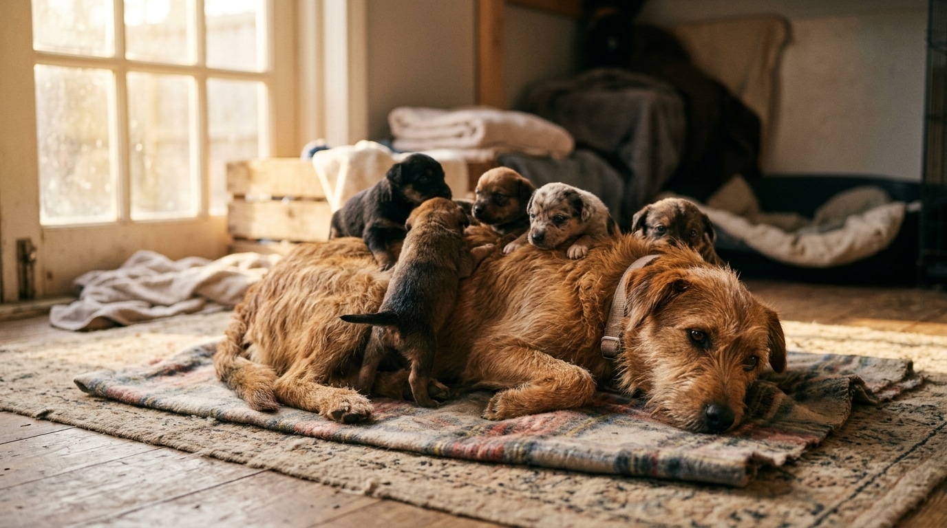 Chienne allongée entourée de plusieurs chiots orphelins