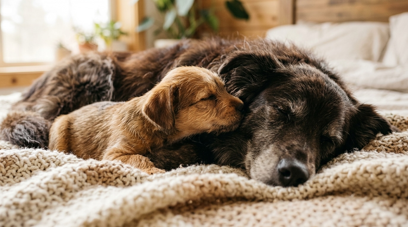 Petit chiot blotti contre le pelage d'une chienne adulte