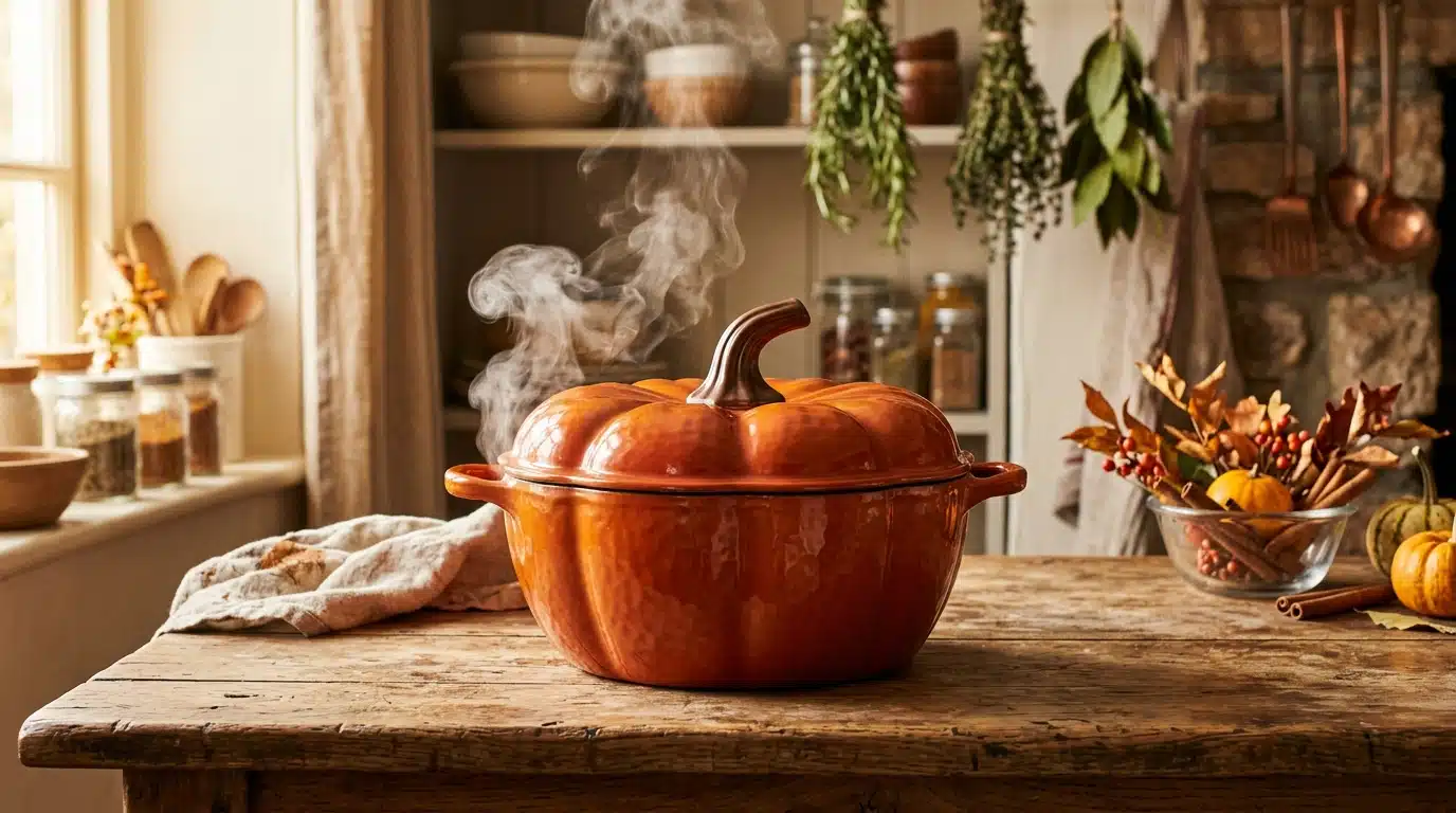 Cocotte en fonte forme citrouille sur table en bois