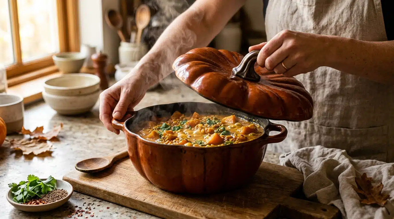 Curry de potimarron mijotant dans une cocotte ouverte