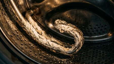 Dépôt de calcaire blanc sur une résistance de lave-linge