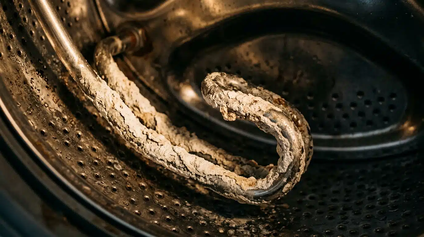 Dépôt de calcaire blanc sur une résistance de lave-linge