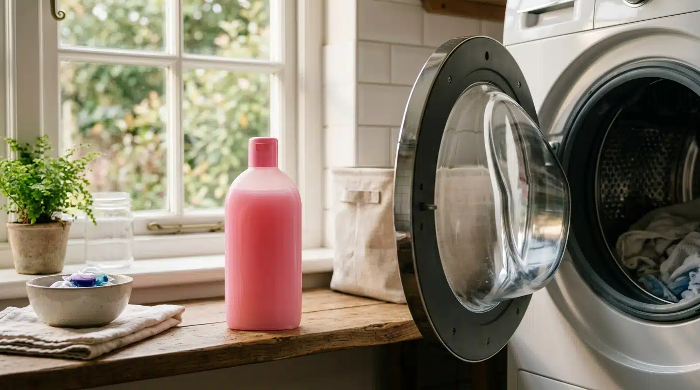 Flacon de gel détartrant rose près d'un lave-linge ouvert