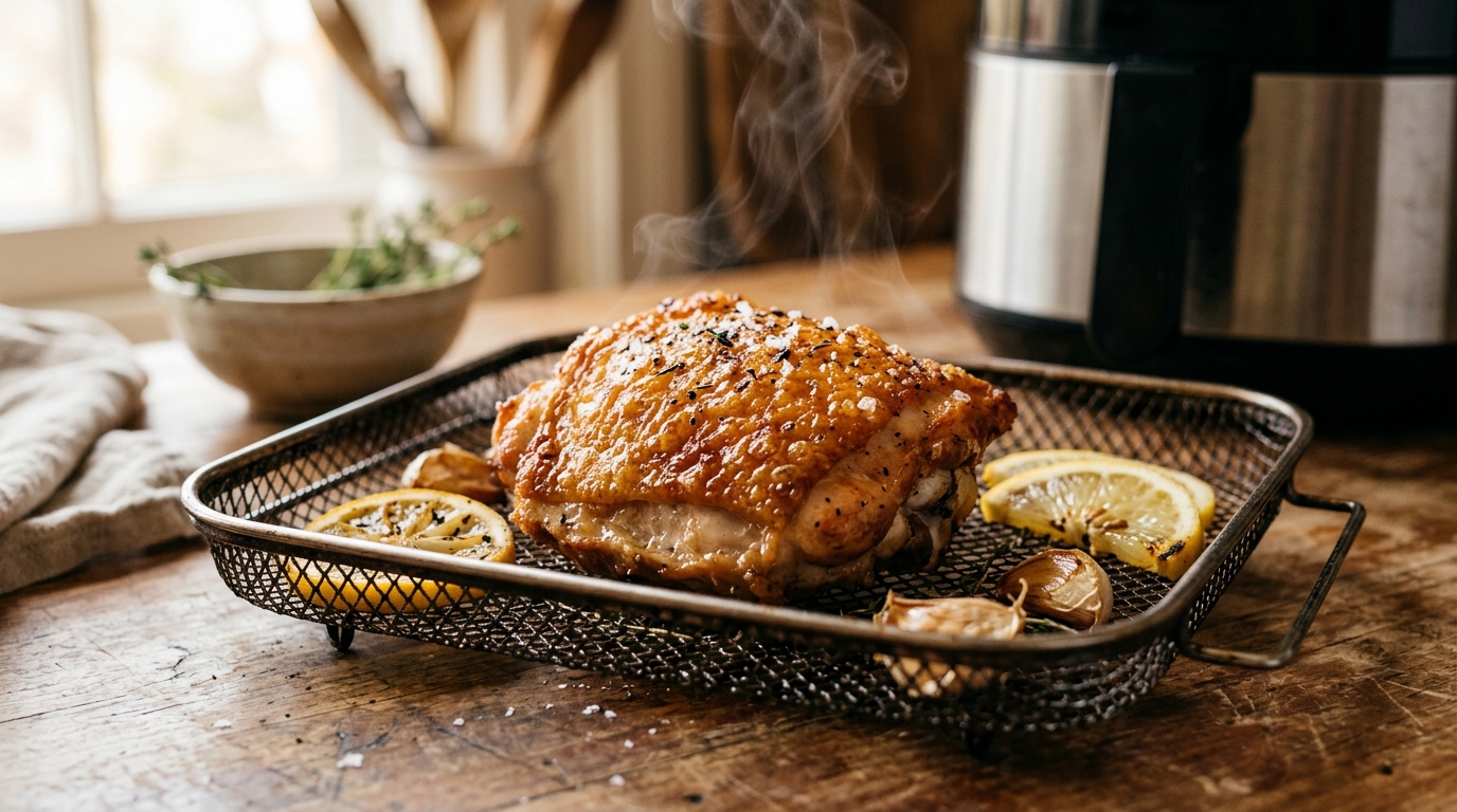 Cuisse de poulet dorée sortant du airfryer avec citron