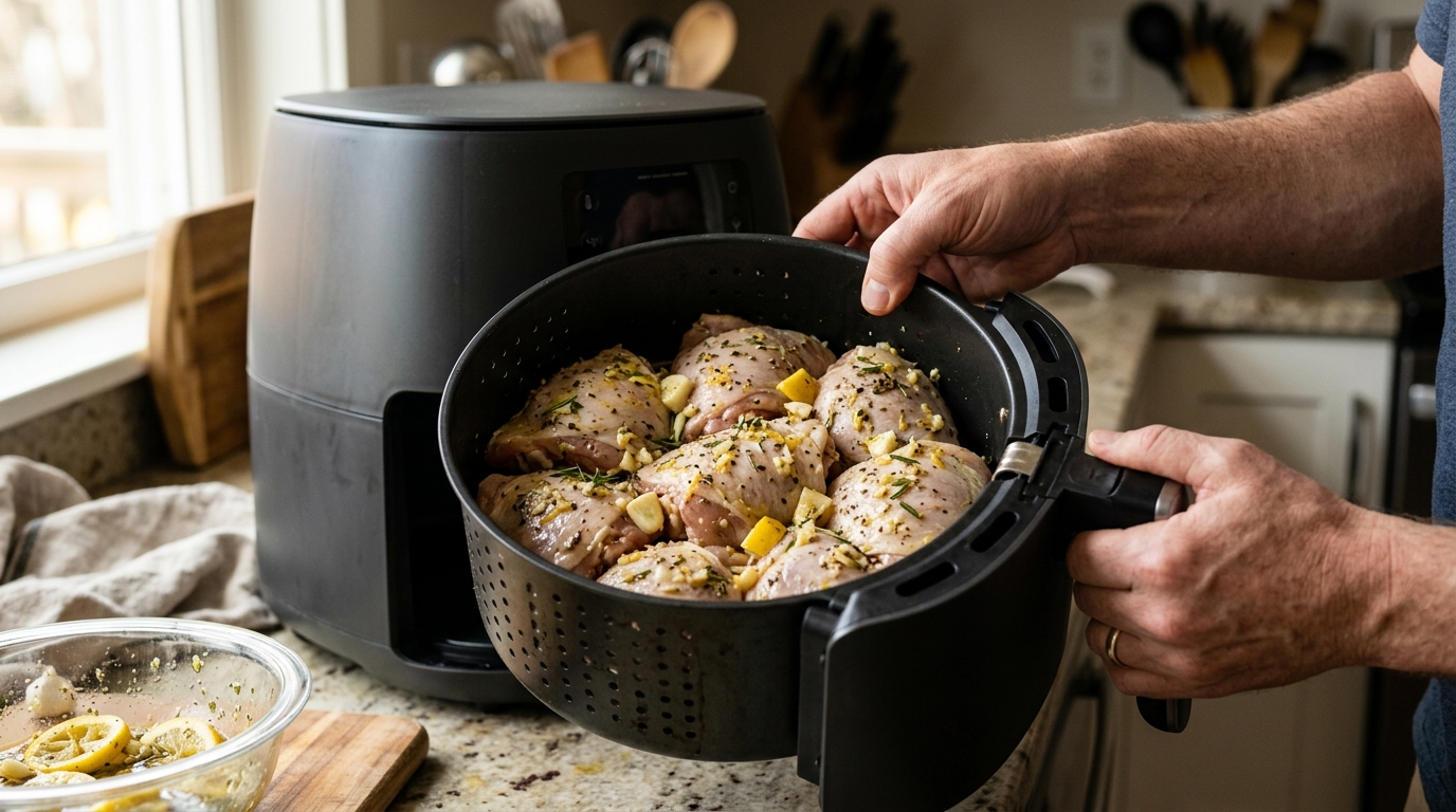 Panier airfryer avec cuisses de poulet marinées non superposées