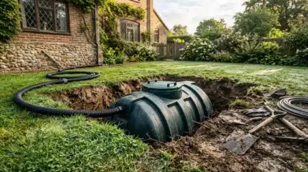 Cuve d'eau de pluie enterrée dans un jardin résidentiel
