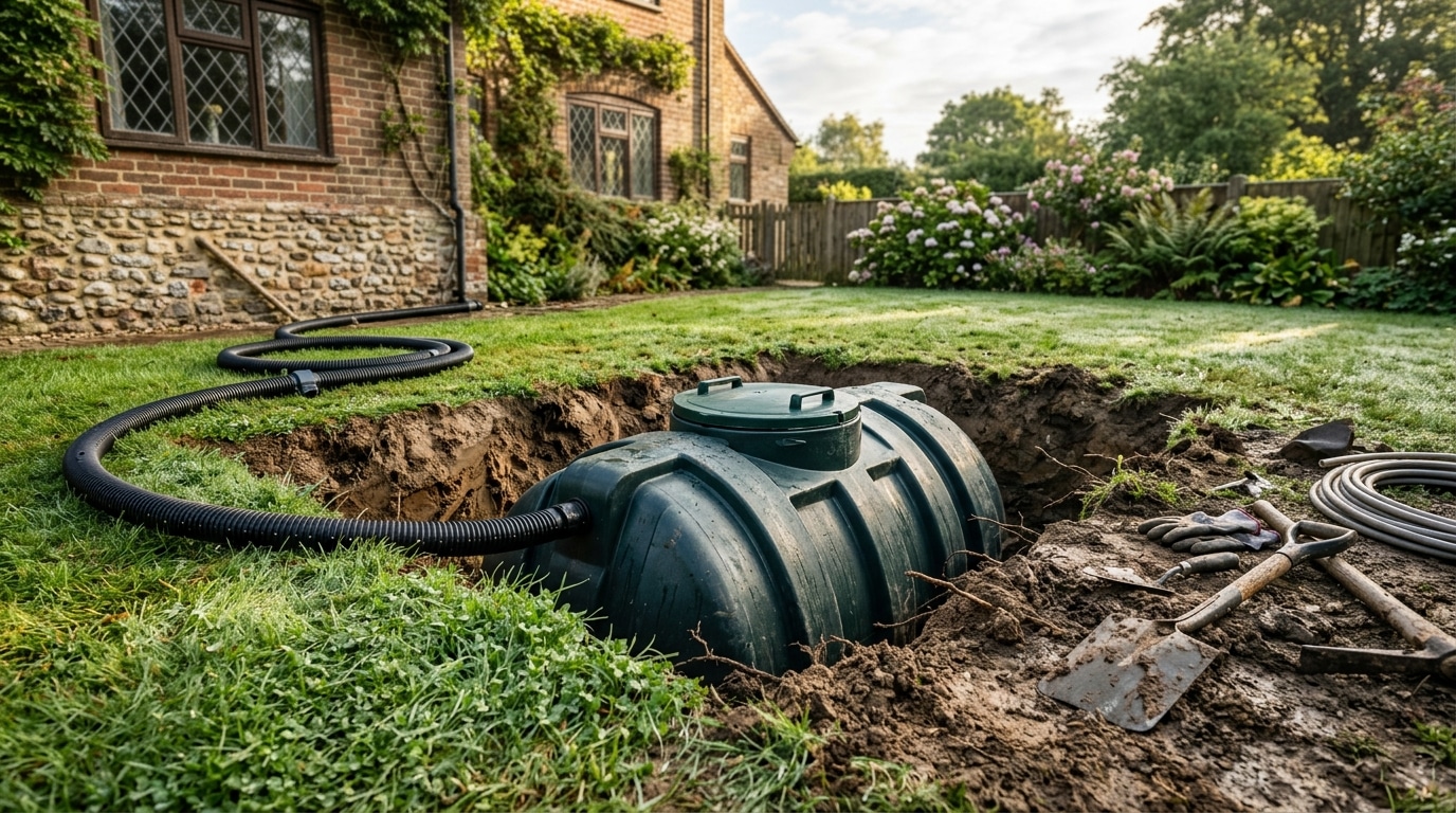 Cuve d'eau de pluie enterrée dans un jardin résidentiel