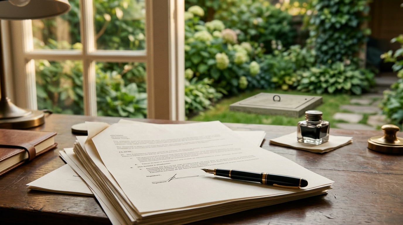 Documents notariés sur un bureau avec jardin en arrière-plan