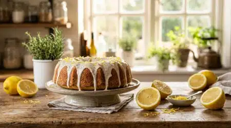Gâteau au citron doré posé sur plan de travail