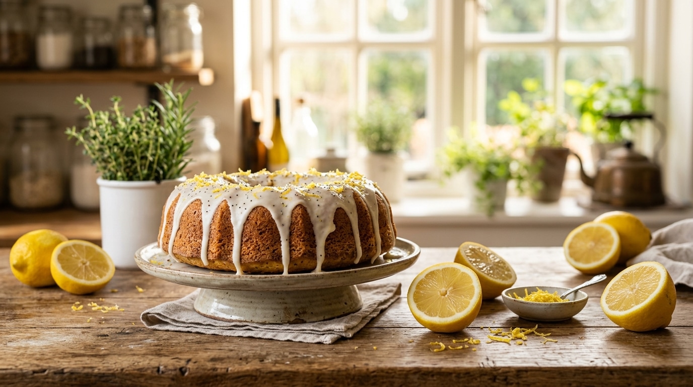 Gâteau au citron doré posé sur plan de travail