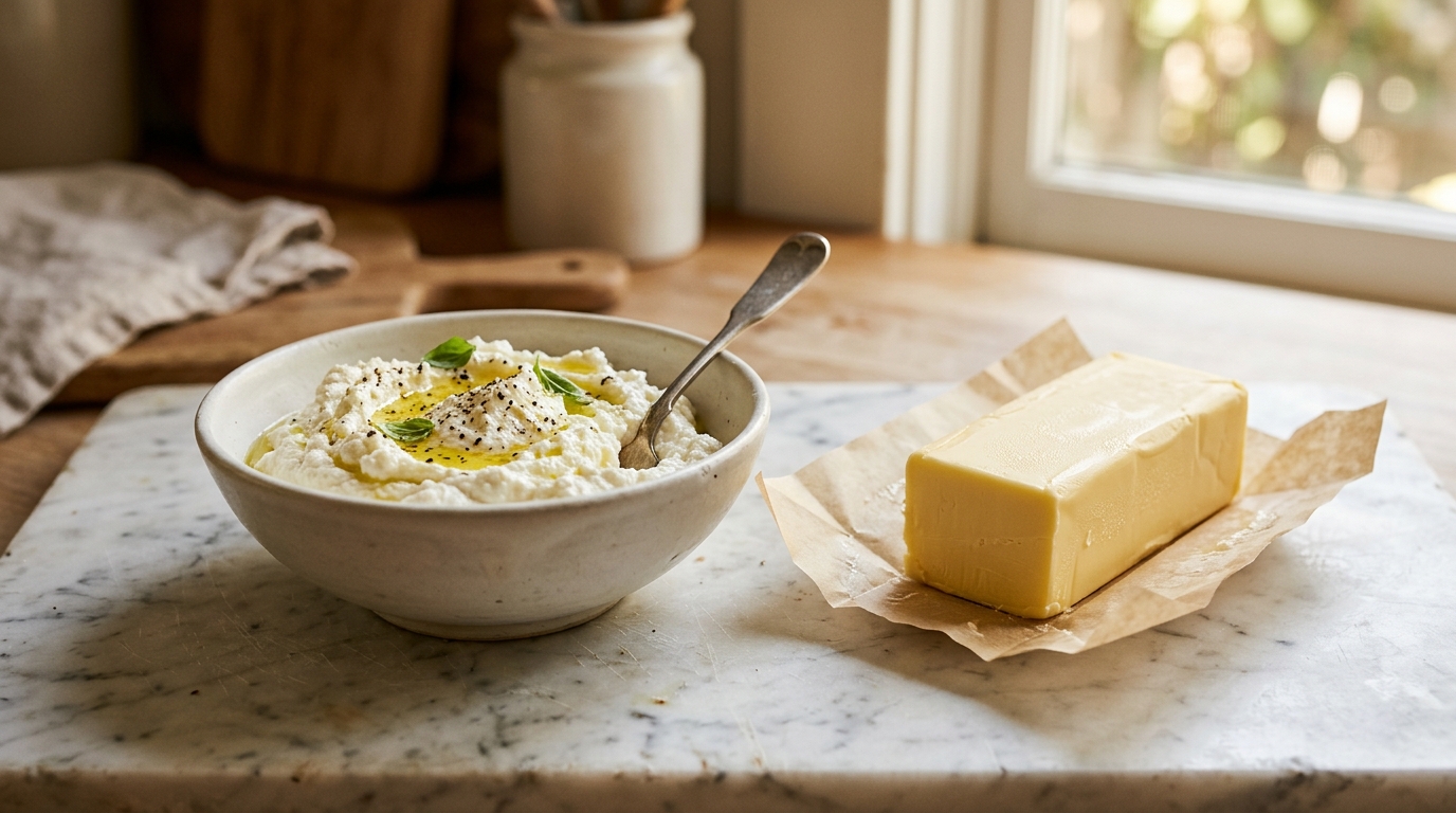 Bol de ricotta crémeuse près d'un bâton de beurre