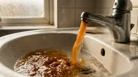 Eau rouille coulant d'un robinet dans un évier blanc