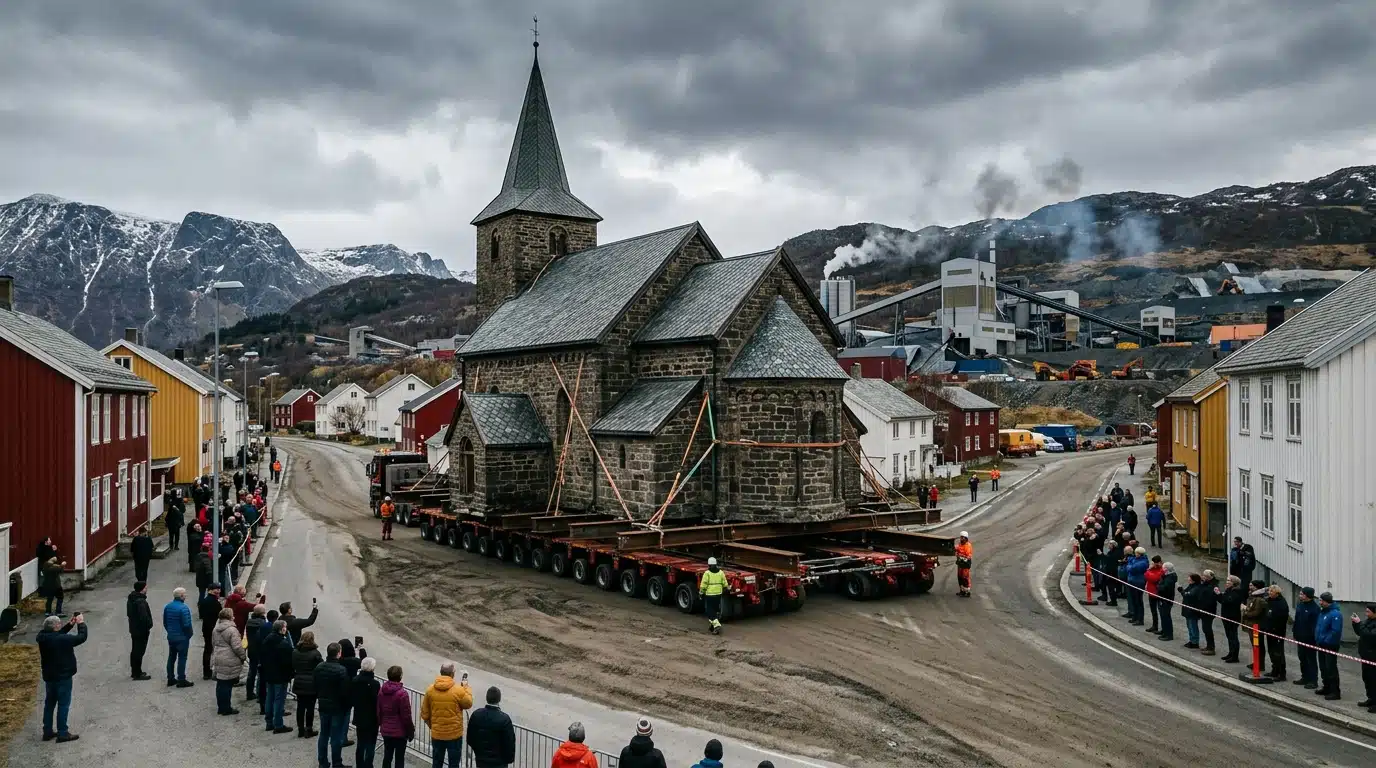 Église suédoise transportée sur une plateforme géante à roues