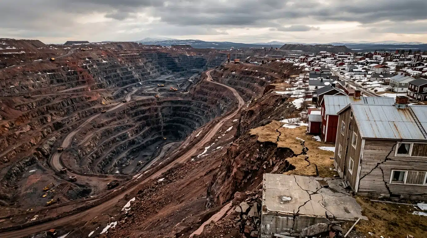Mine à ciel ouvert avec fissures près de bâtiments