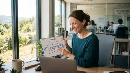 Employé souriant consultant un calendrier de congés au bureau