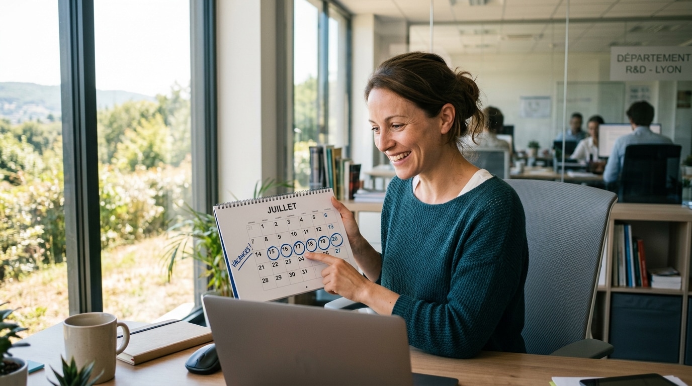 Employé souriant consultant un calendrier de congés au bureau