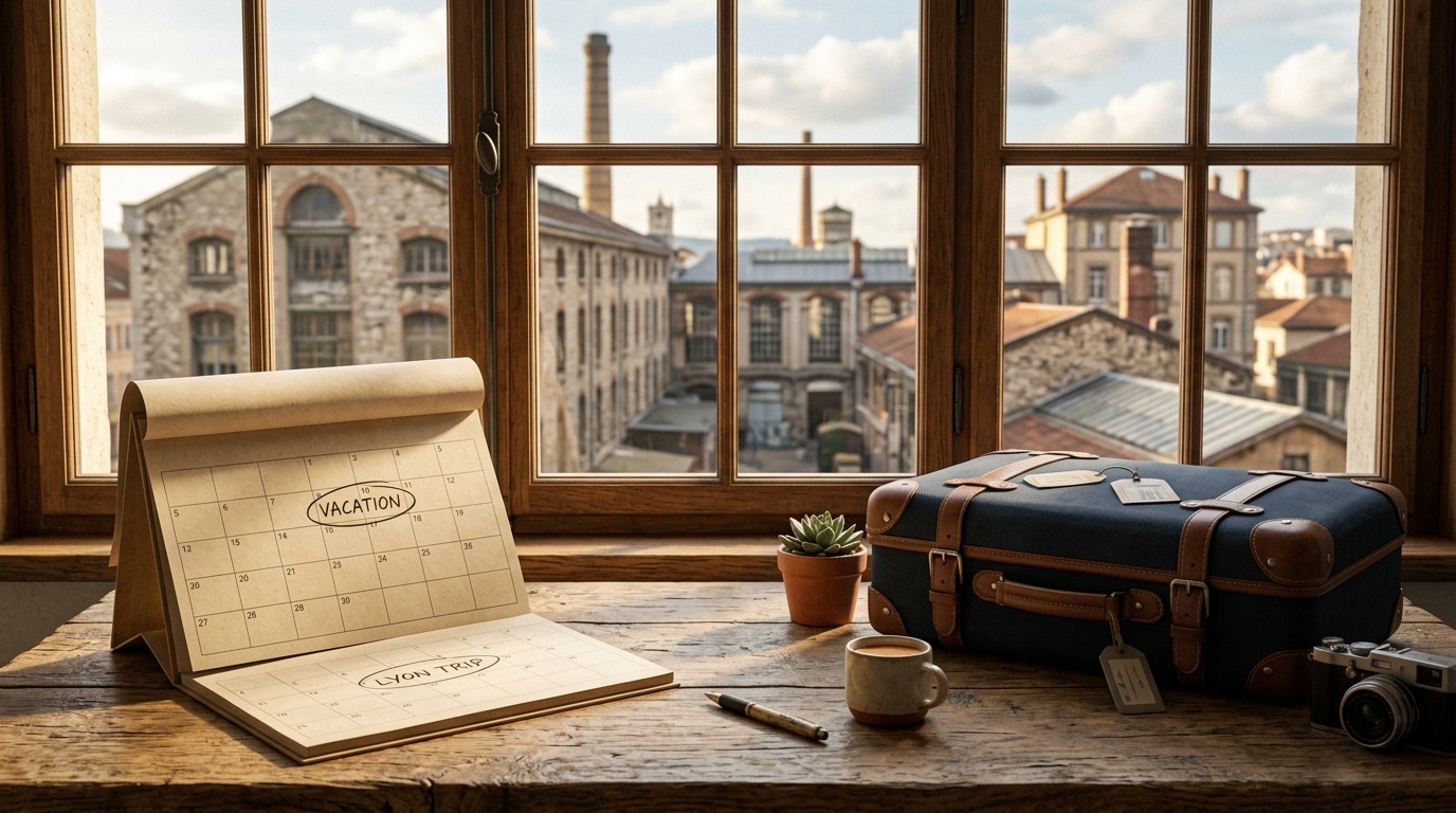 Valise et calendrier posés sur un bureau ensoleillé