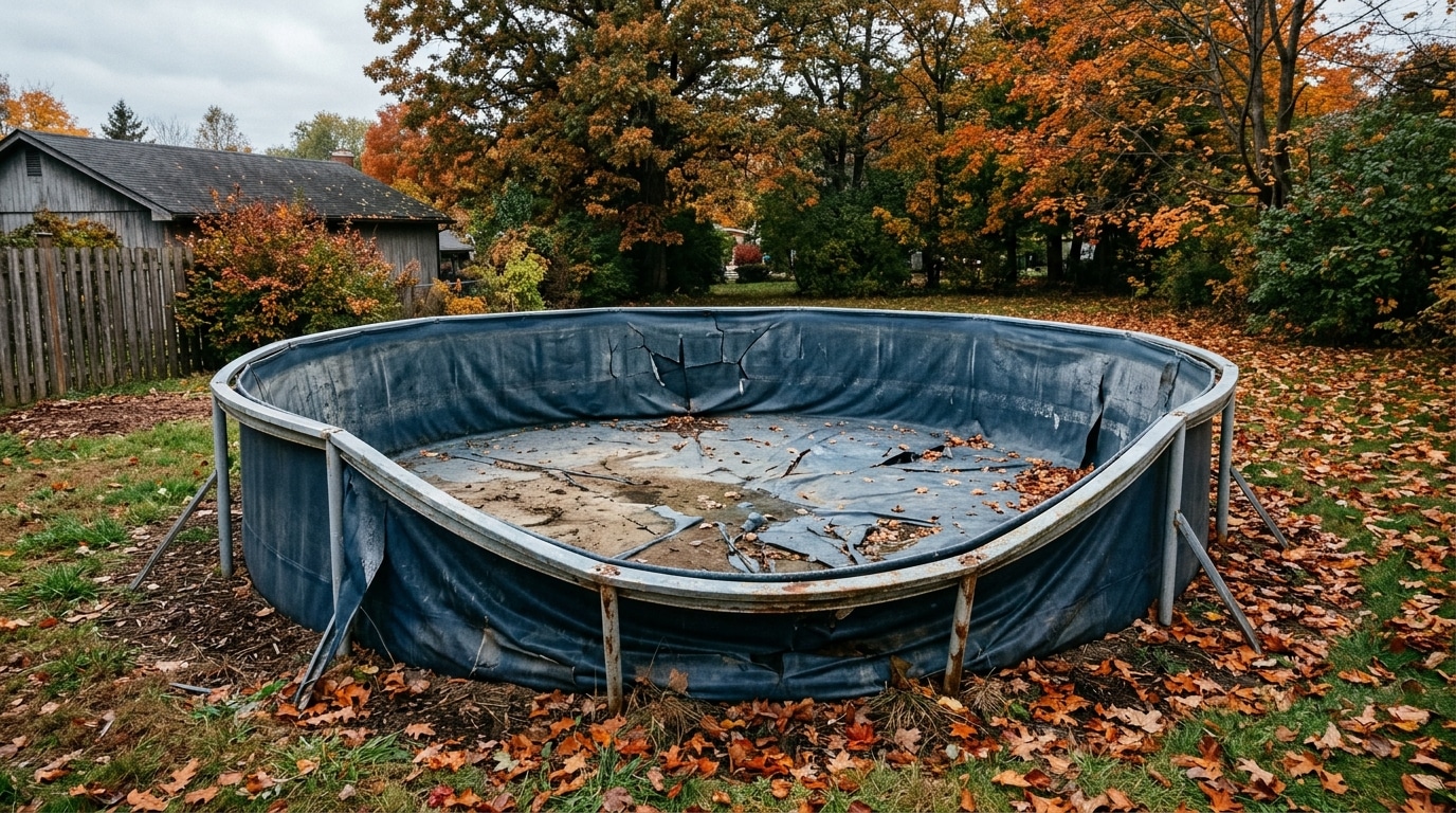 Piscine tubulaire vide et liner fissuré en automne
