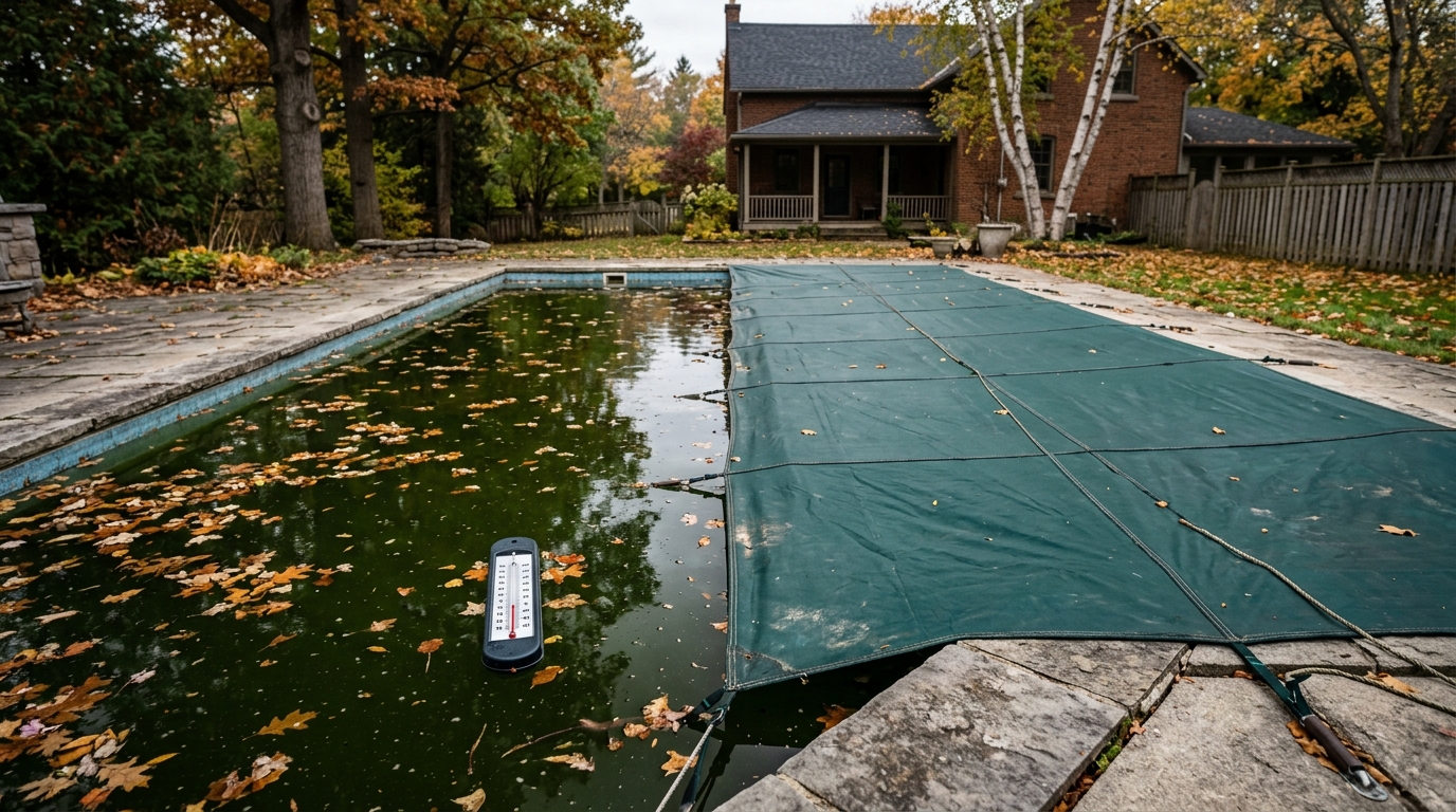 Piscine à moitié bâchée avec eau verte et bleue