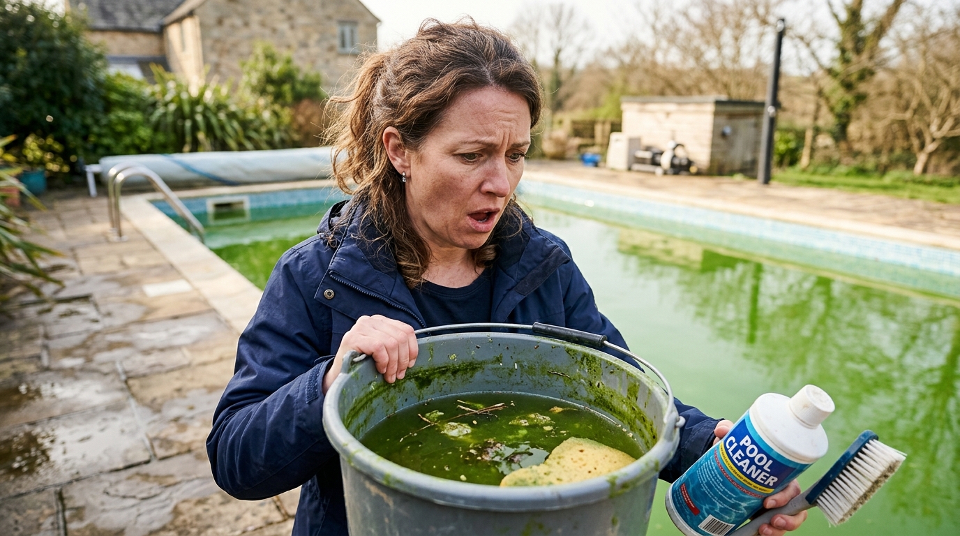 Personne surprise devant un seau d'eau verte