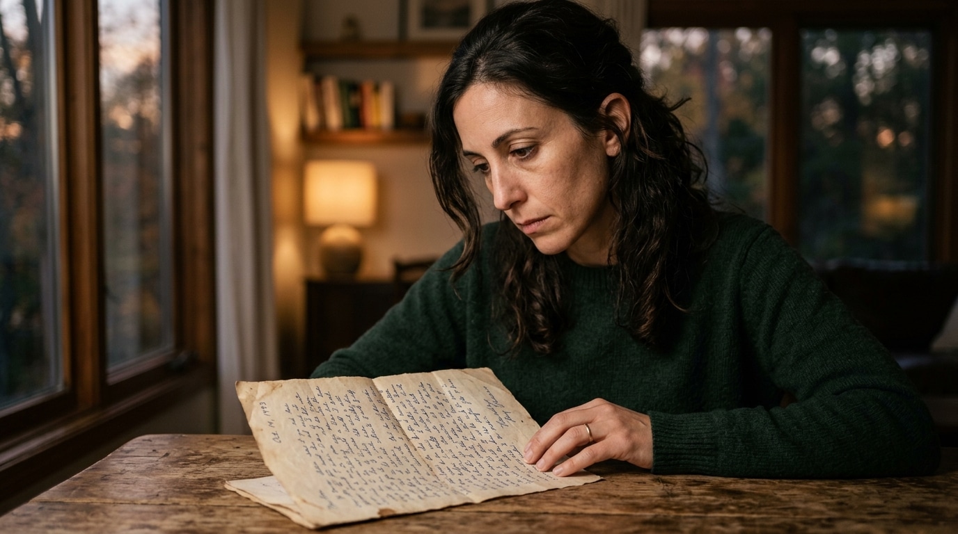 Femme pensive relisant une vieille lettre au crépuscule