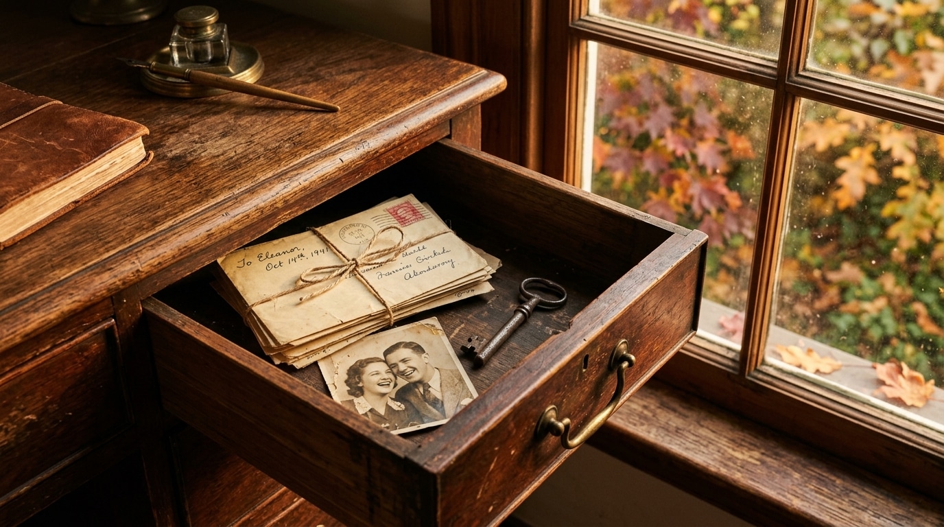 Tiroir ancien entrouvert avec lettres et photo jaunie