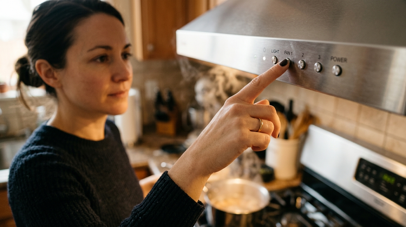 Main sur le bouton d'une hotte de cuisine allumée