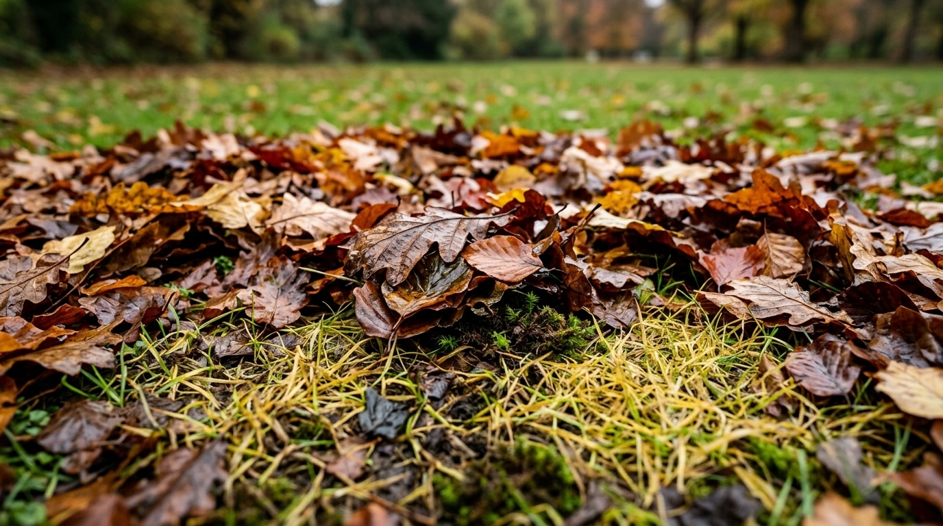 Feuilles mortes humides recouvrant une pelouse verte