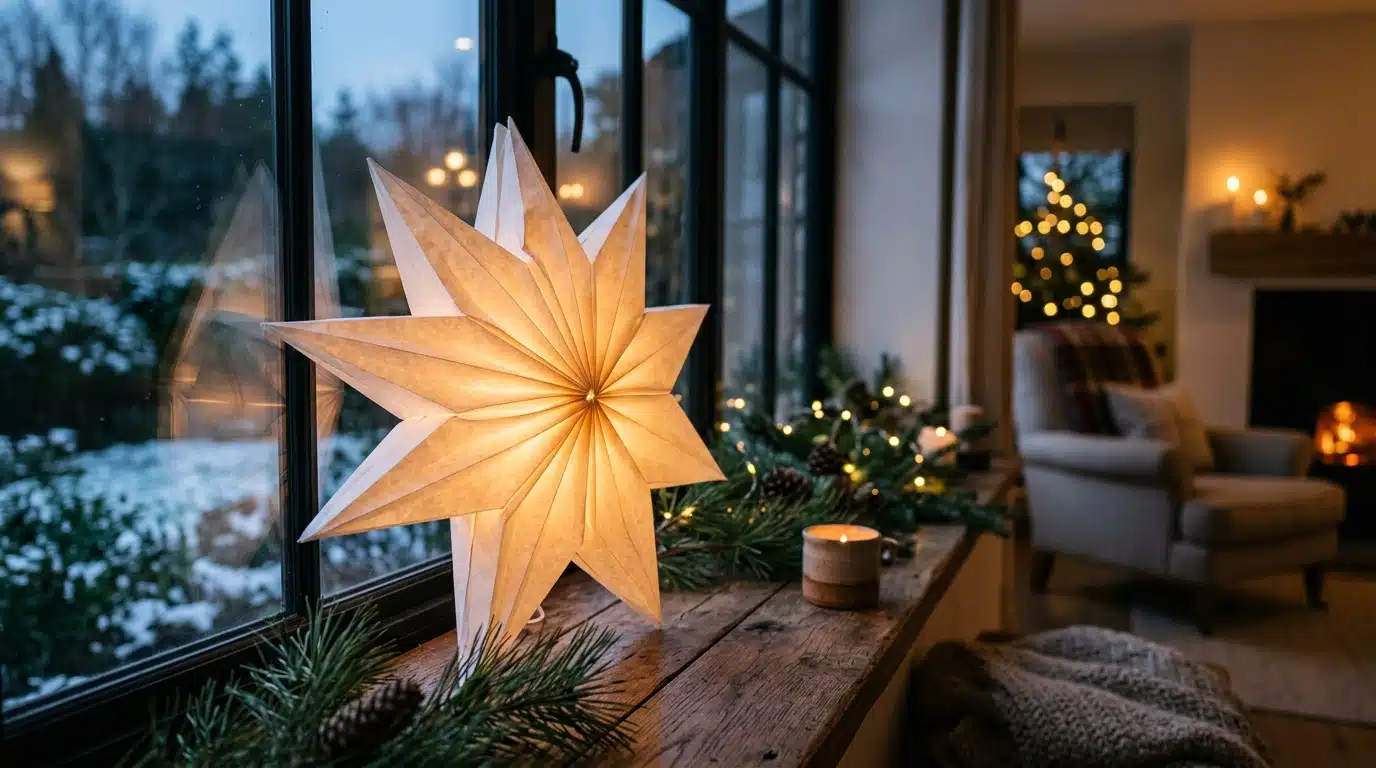 Étoile lumineuse en papier blanc sur rebord de fenêtre