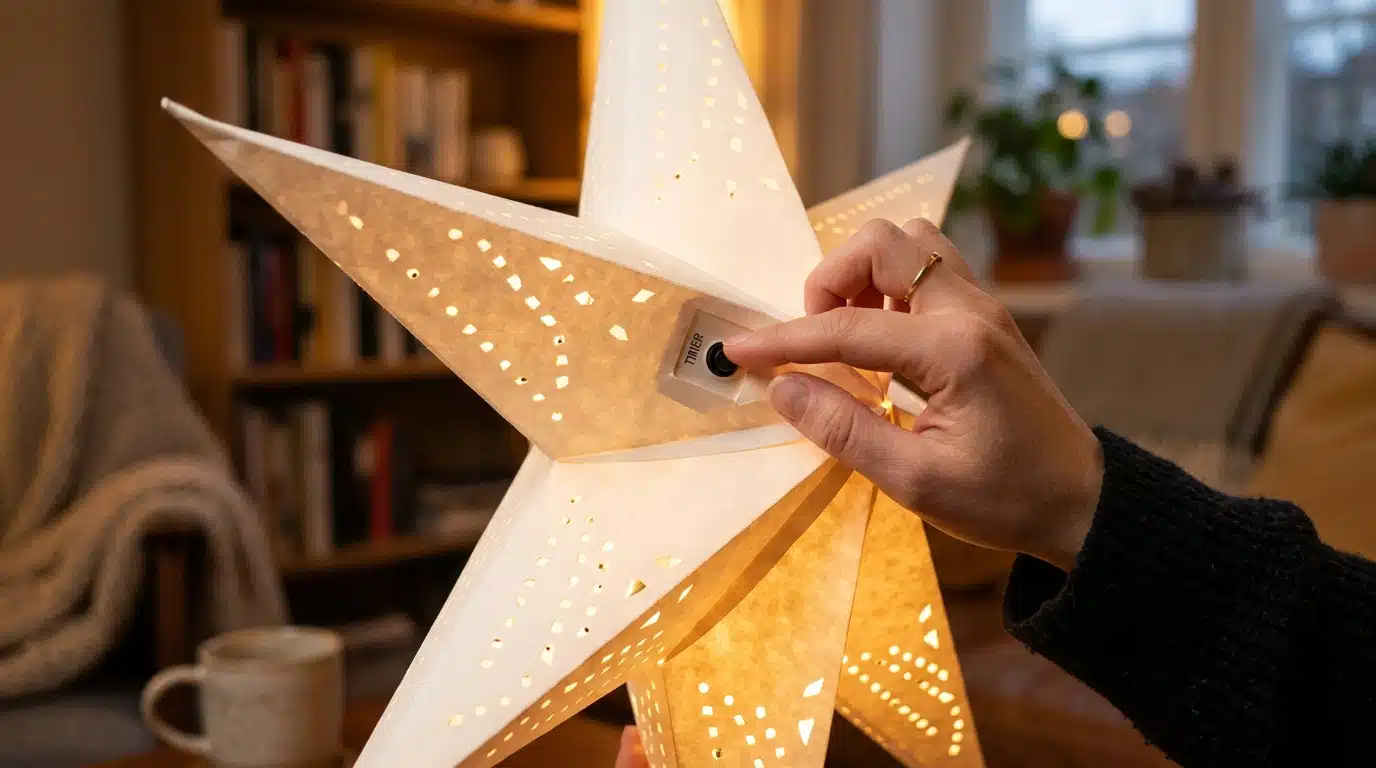 Main réglant le minuteur d'une lampe étoile décorative