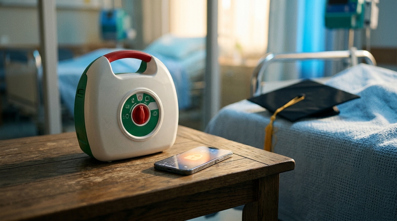 Défibrillateur portable posé près d'un téléphone et d'une toque