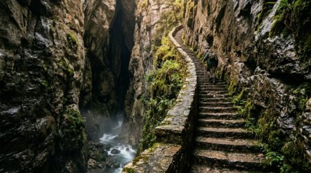 Escalier de pierre taillé dans la falaise du fort