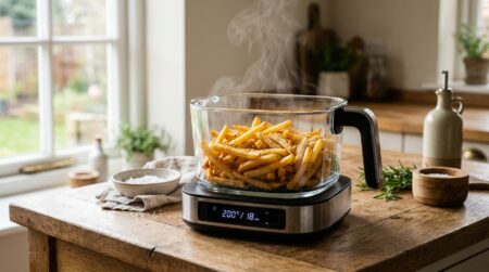 Friteuse à air en verre avec frites dorées visibles