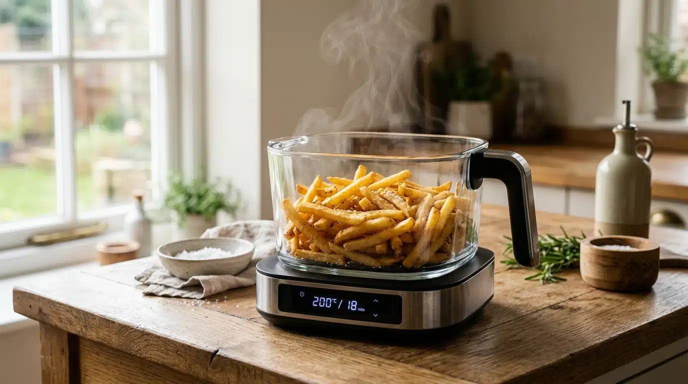Friteuse à air en verre avec frites dorées visibles
