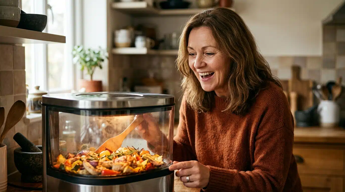Personne souriante observant sa cuisson dans une friteuse en verre