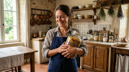 Femme souriante tenant un bocal de vrac en cuisine