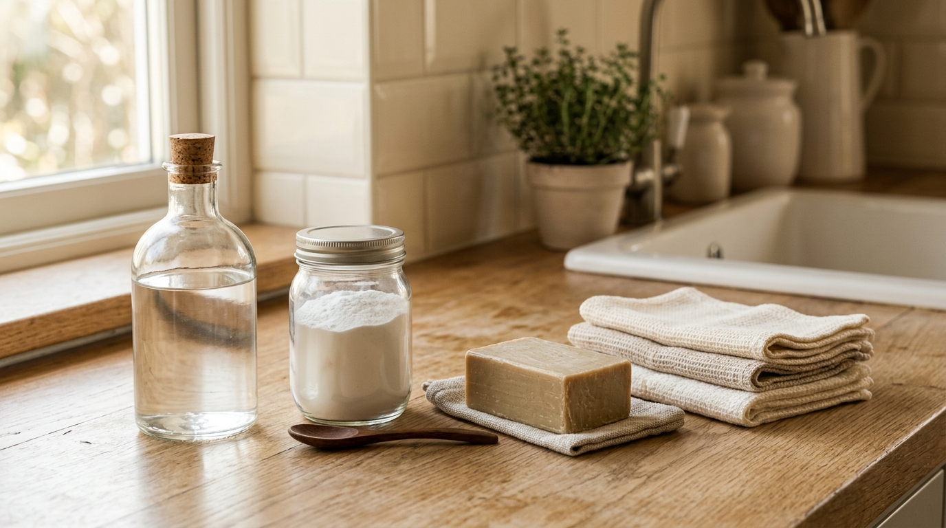 Vinaigre blanc, bicarbonate et savon de Marseille sur un plan de travail