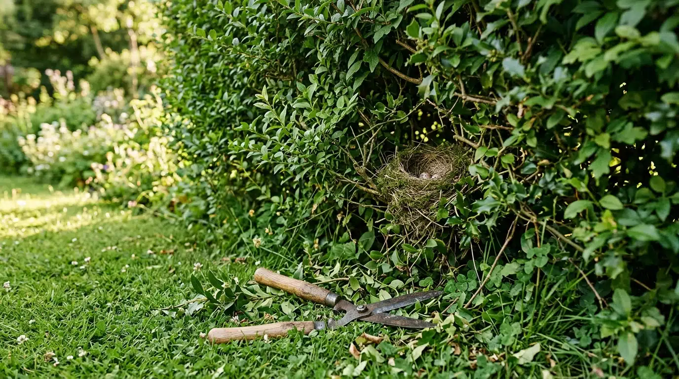 Haie de jardin dense avec petit nid d'oiseau caché