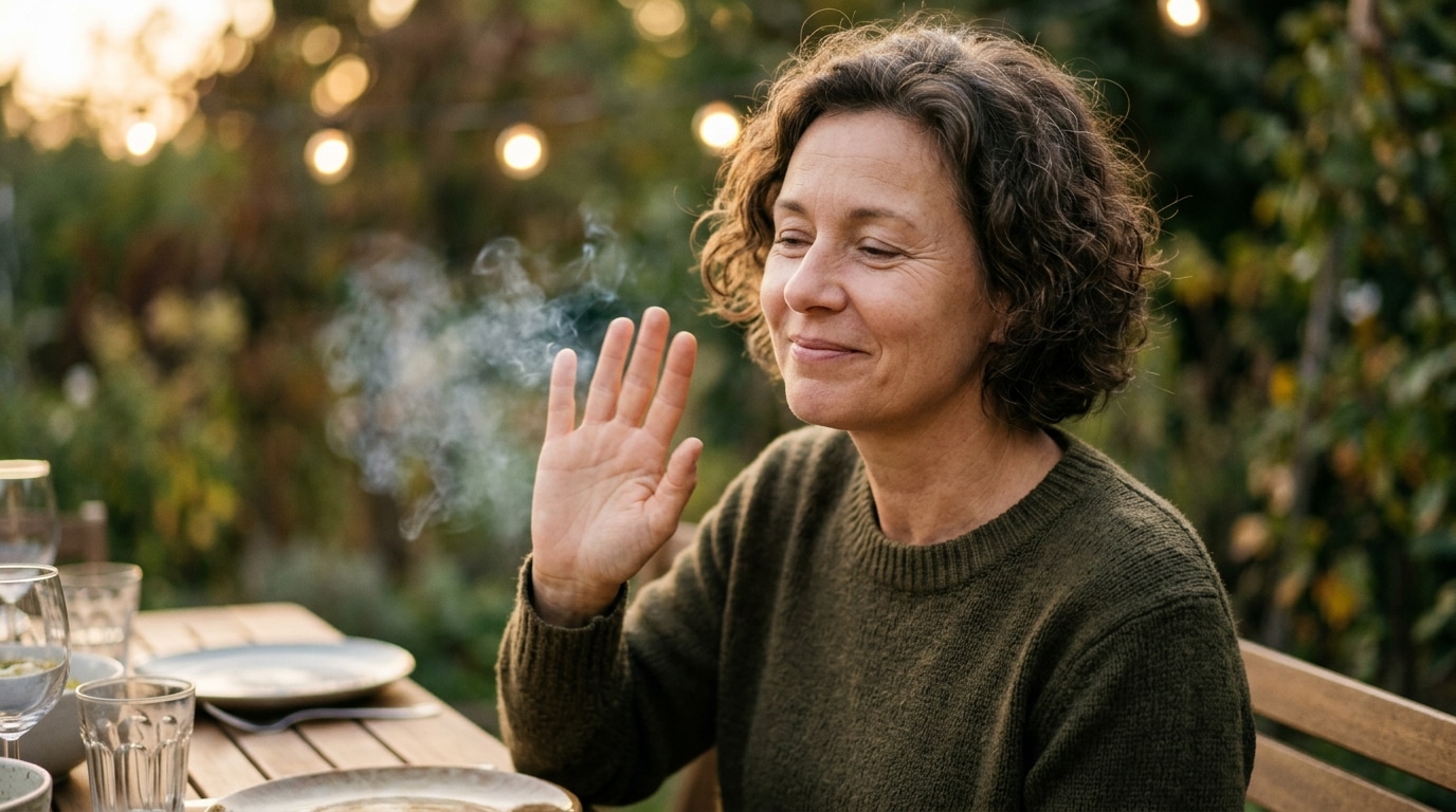 Personne souriante et détendue lors d'un repas d'été dehors