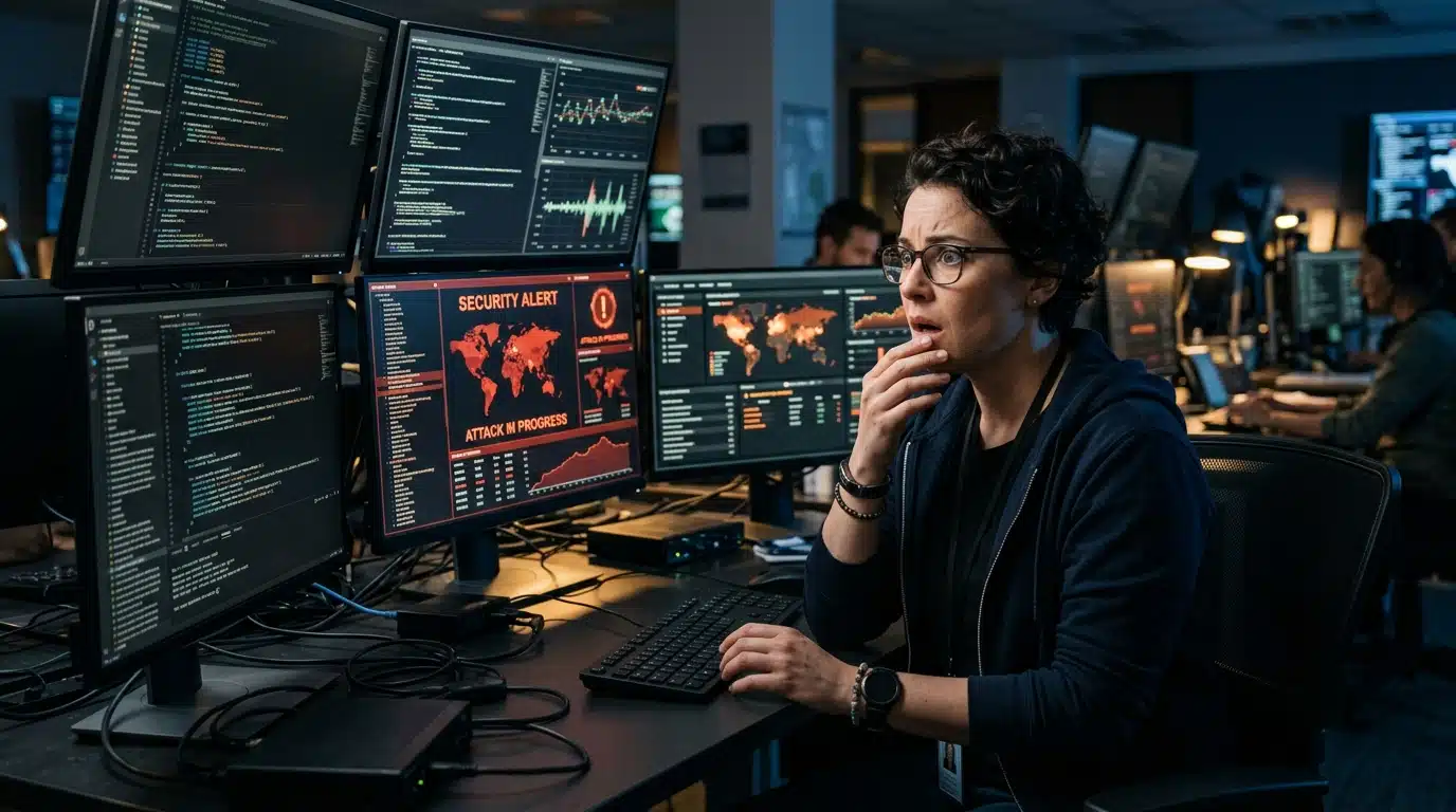 Analyste informatique inquiet face à des écrans d'alerte