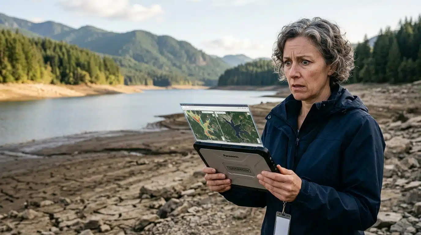 Homme observant des images satellite près d'un lac