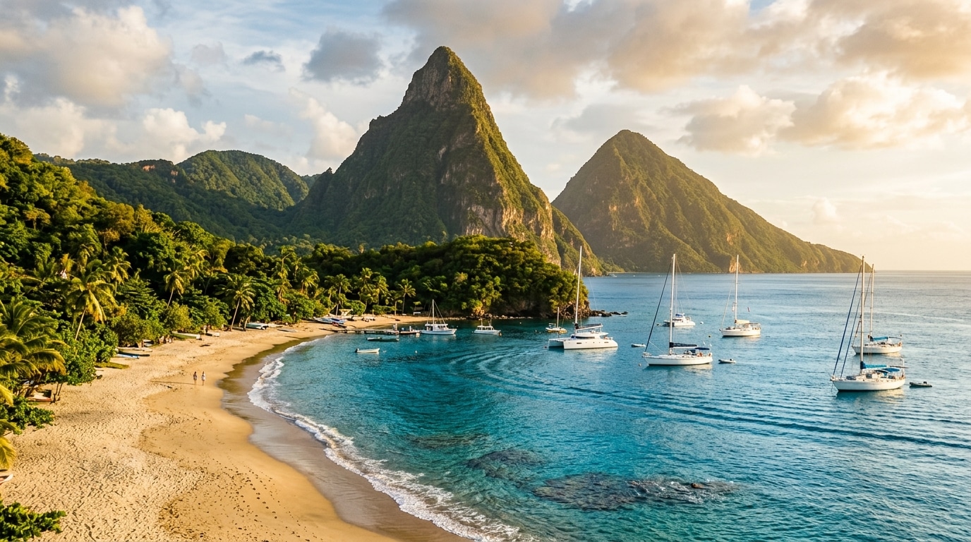 Les Pitons volcaniques de Sainte-Lucie au coucher du soleil