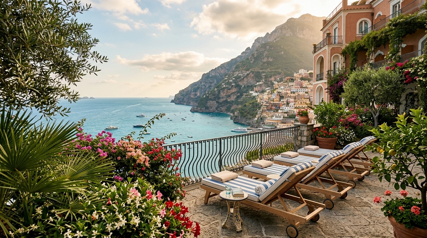 Terrasse d'un hôtel de luxe face à l'océan Atlantique