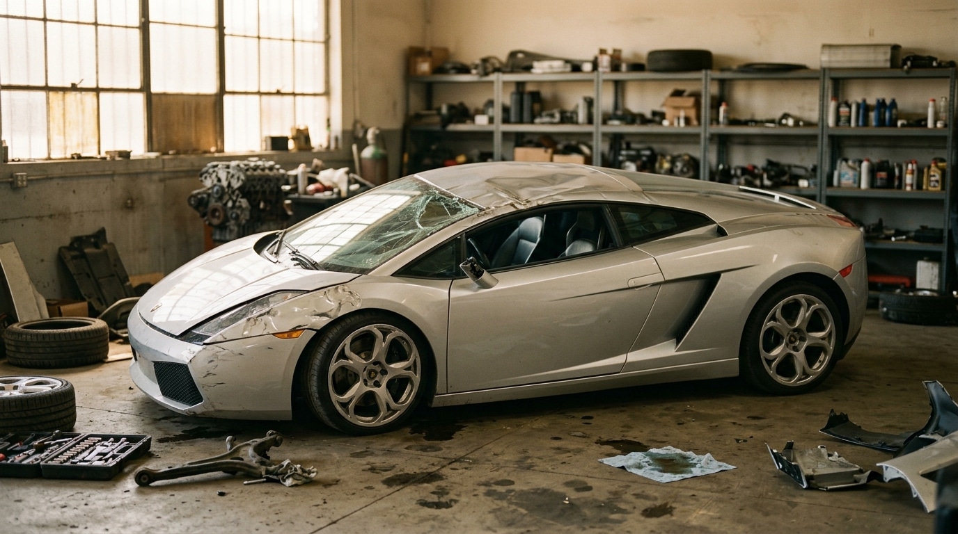 Lamborghini Gallardo accidentée retournée dans un garage