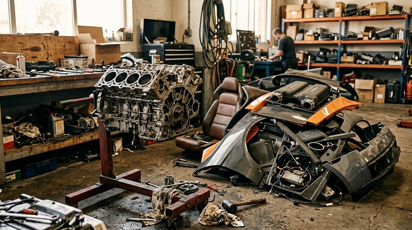Moteur V10 démonté entouré de pièces détachées