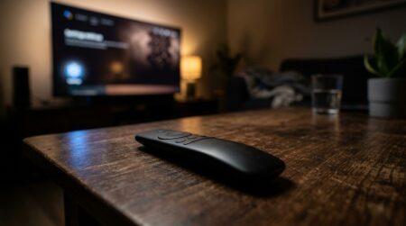 Télécommande posée devant une télévision allumée dans le noir