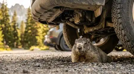 Marmotte cachée sous le châssis d'une voiture en montagne