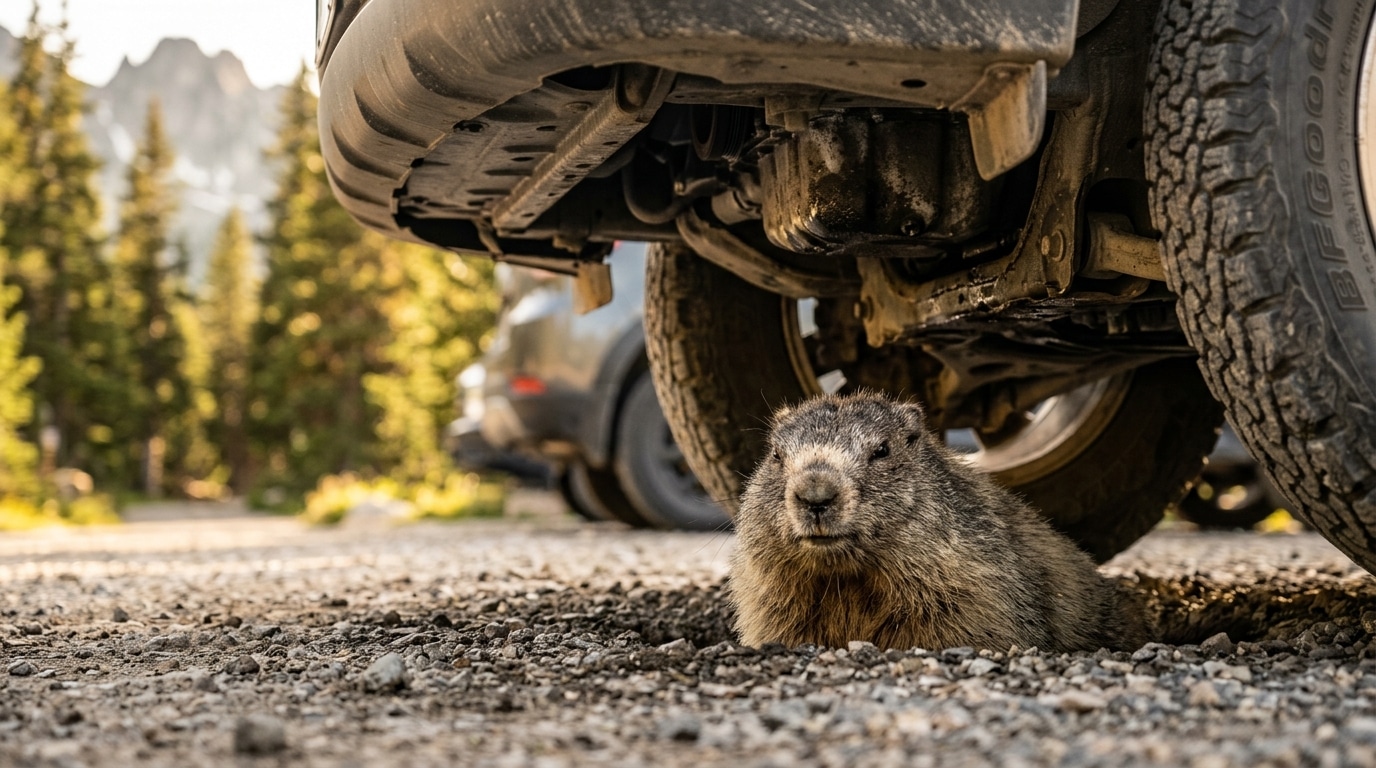 Marmotte cachée sous le châssis d'une voiture en montagne