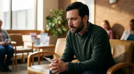 Portrait pensif dans une salle d'attente médicale