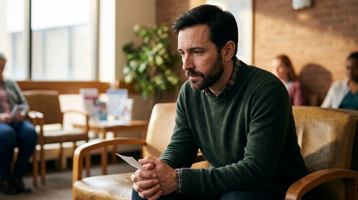 Portrait pensif dans une salle d'attente médicale
